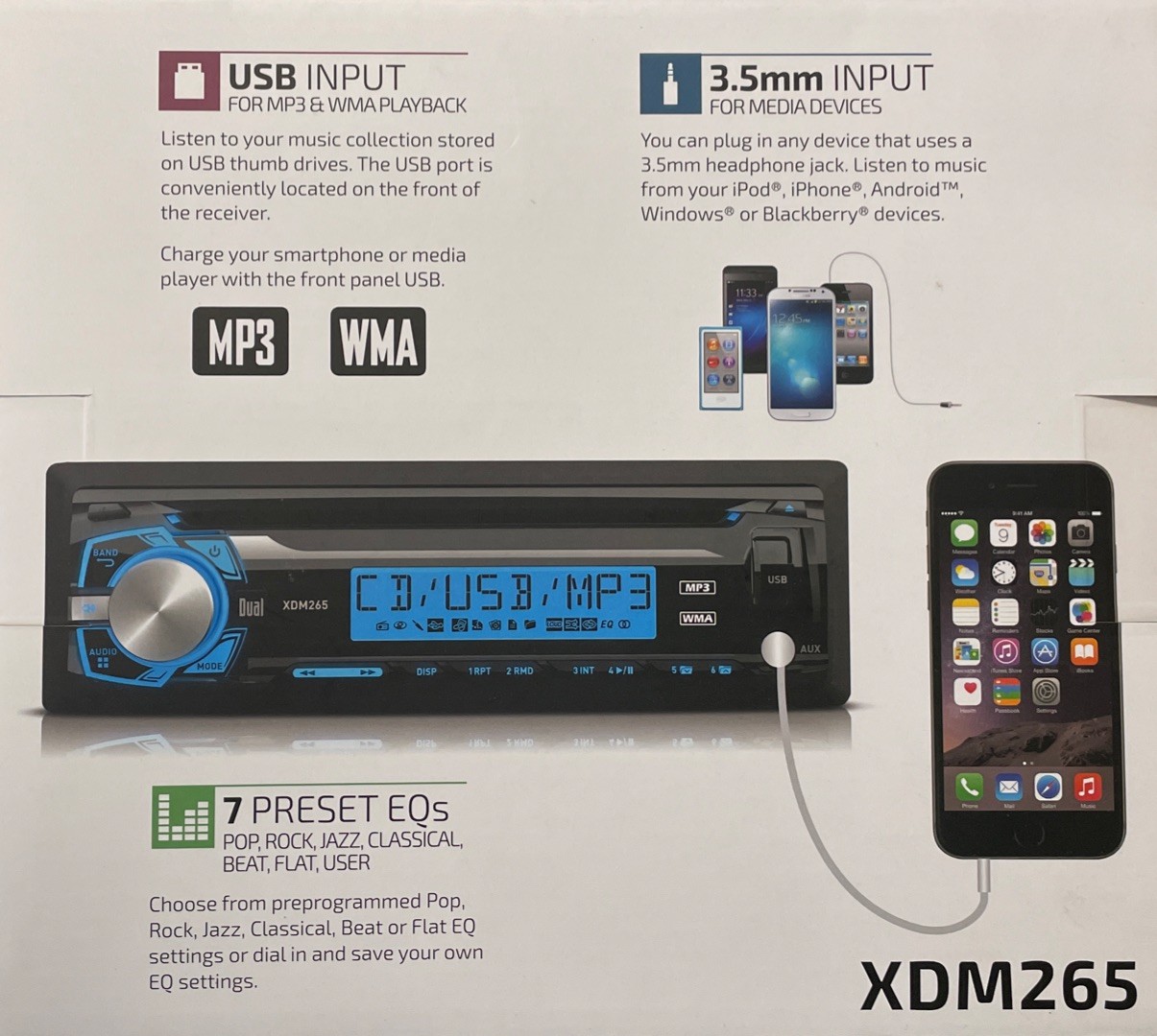 XDM265 Dual AM/FM CD Receiver, USB Input, 3.5mm Input with Detachable Face