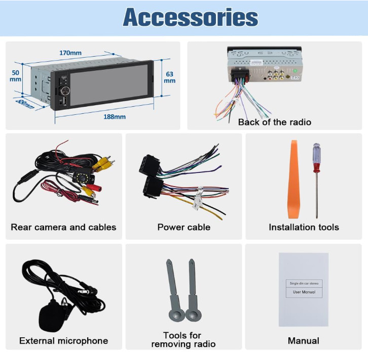 Universal Single DIN Car Stereo Touch Screen Bluetooth FM USB TF Backup Camera