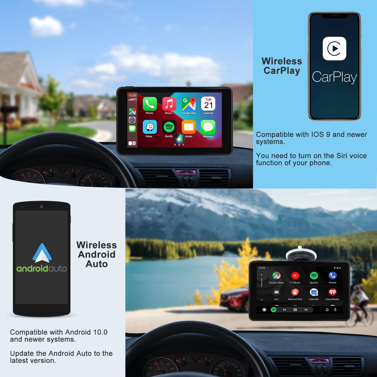 Wireless CarPlay Screen Android Auto for Car, 7″ Car Stereo Touch Screen