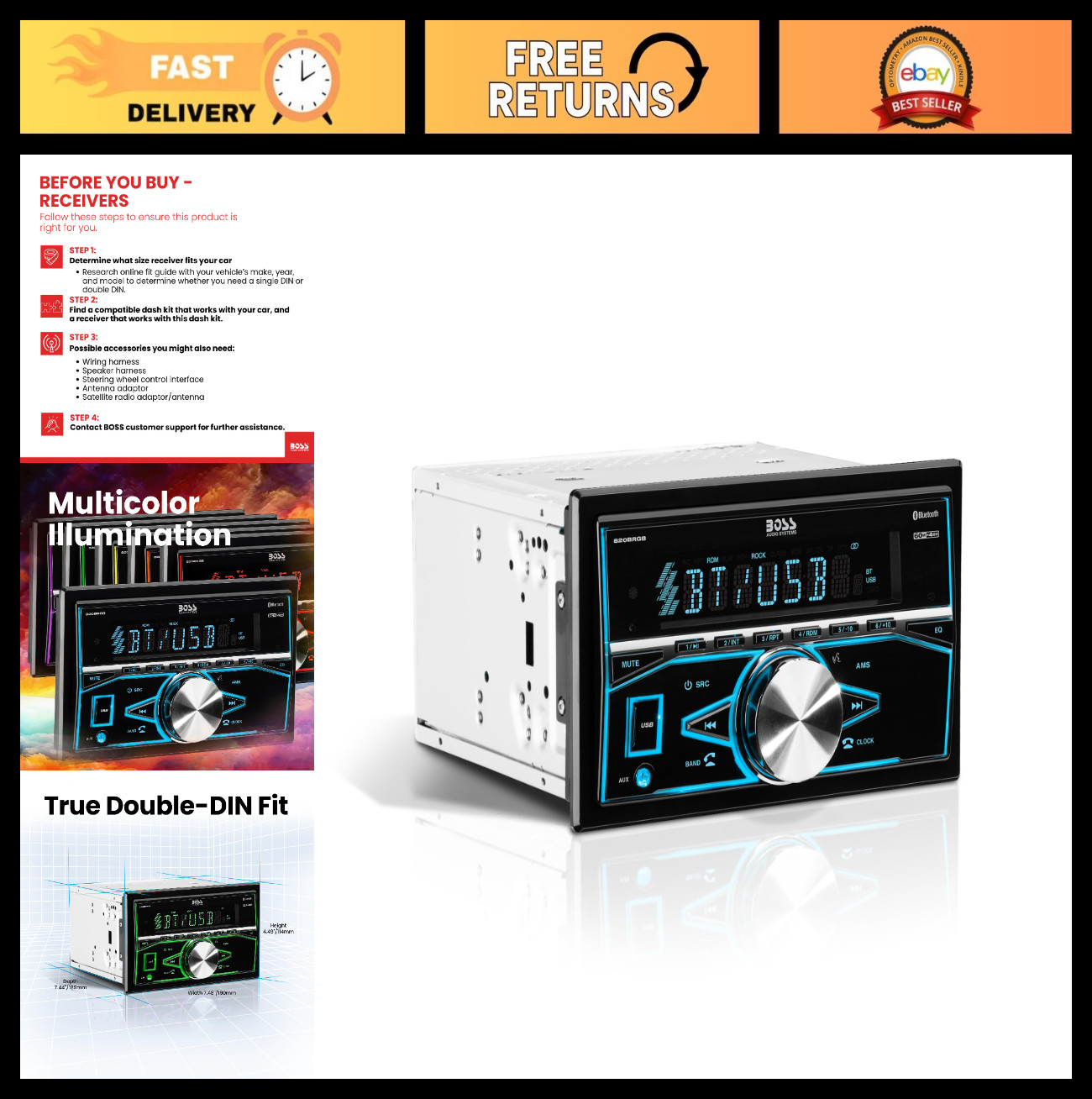 Double Din Car Stereo Bluetooth, AM/FM Radio, USB, Aux Input, Multi-Color Illumi