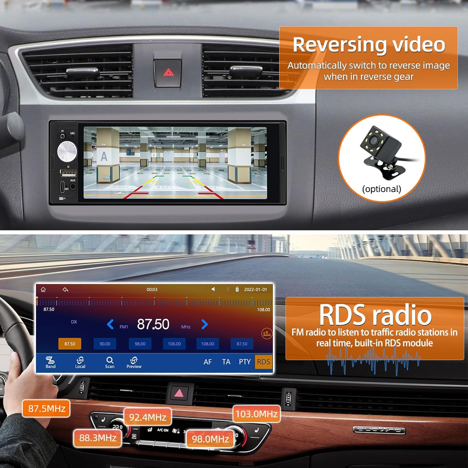 Single DIN Car Stereo with Wireless Apple Carplay Car Radio Android Auto, 6.36″