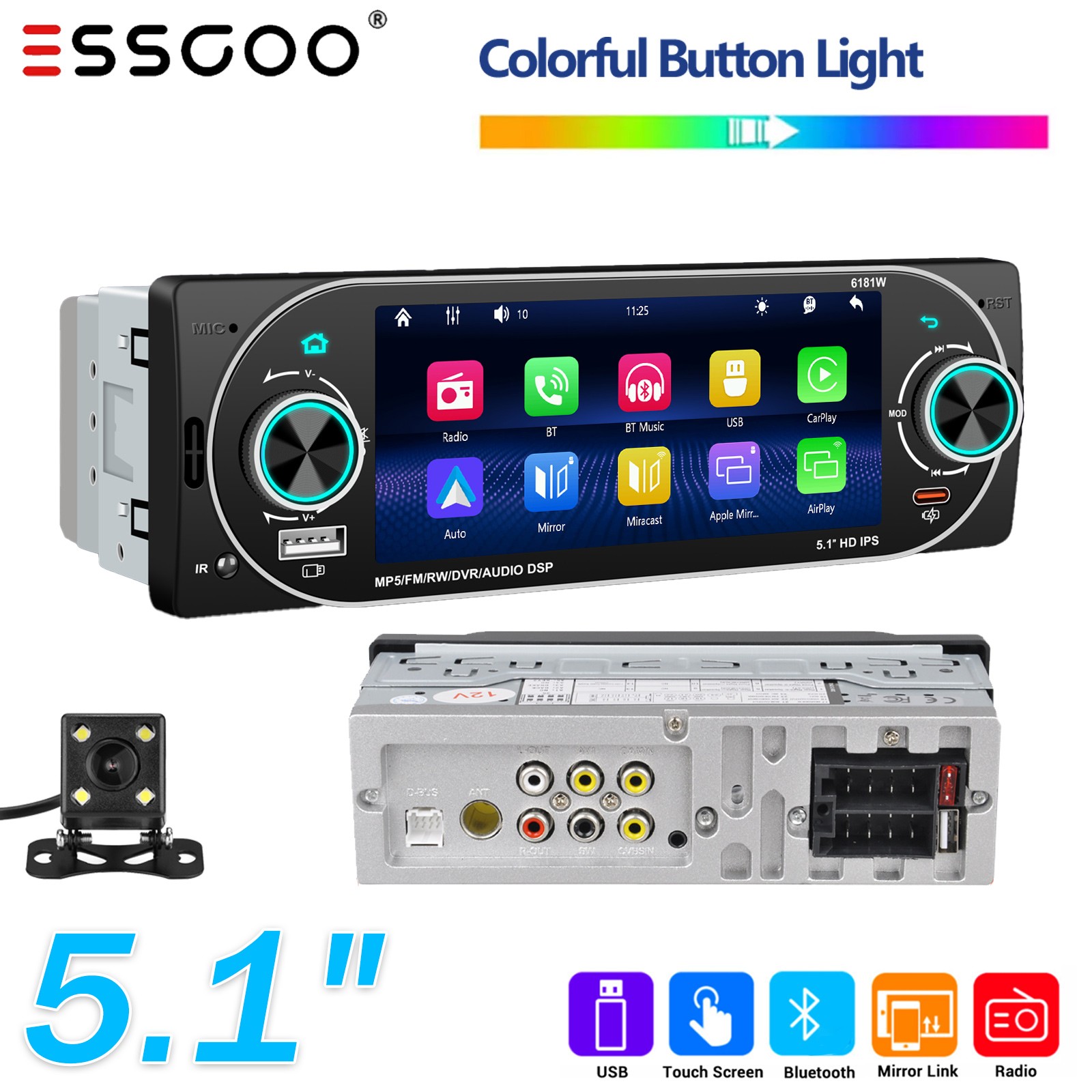 Single 1 Din 5.1” Screen Carplay Car Stereo Bluetooth USB Radio MP5 Player +CAM