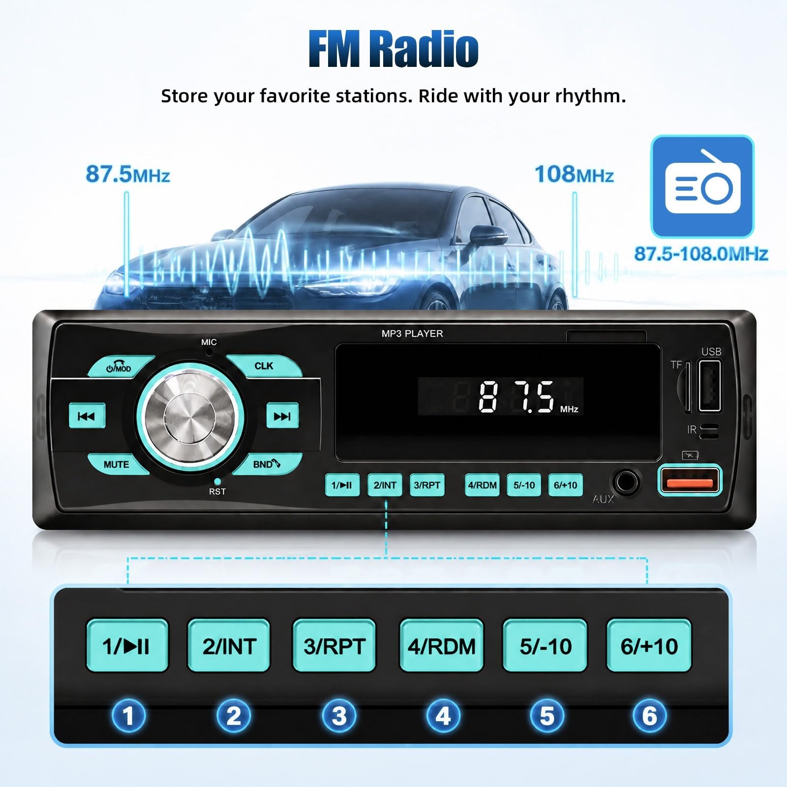 Bluetooth Car Stereo Single DIN – Dual USB, FM/MP3/SD/AUX, EQ, Quick Charge