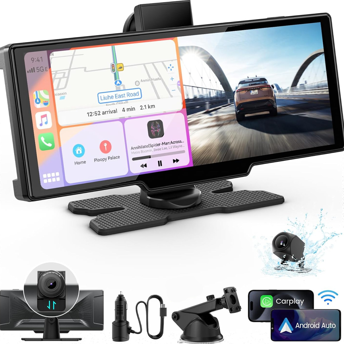 10.26″ Touch Screen Wireless Apple Carplay Portable Car AHD Android Auto EQ Cam