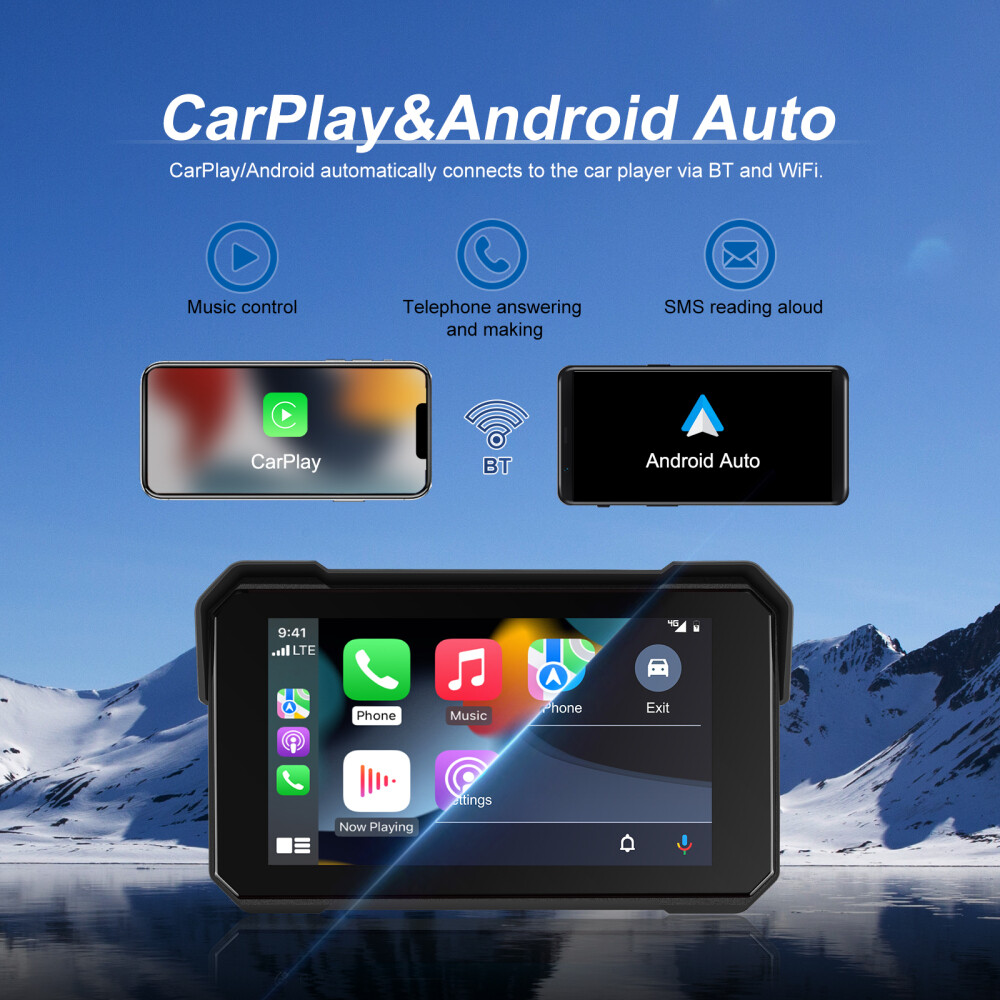 5″ Waterproof Motorcycle Navigator Wireless CarPlay Android Auto Portable Screen