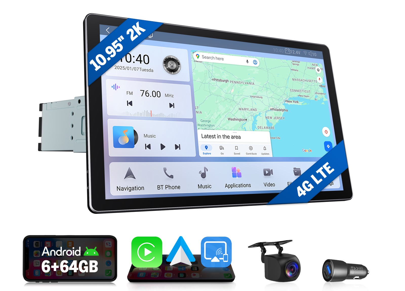 SD1X6S GPS Android Car Radio HeadUnit 10.95″ 2K QLED Single DIN Wireless CarPlay