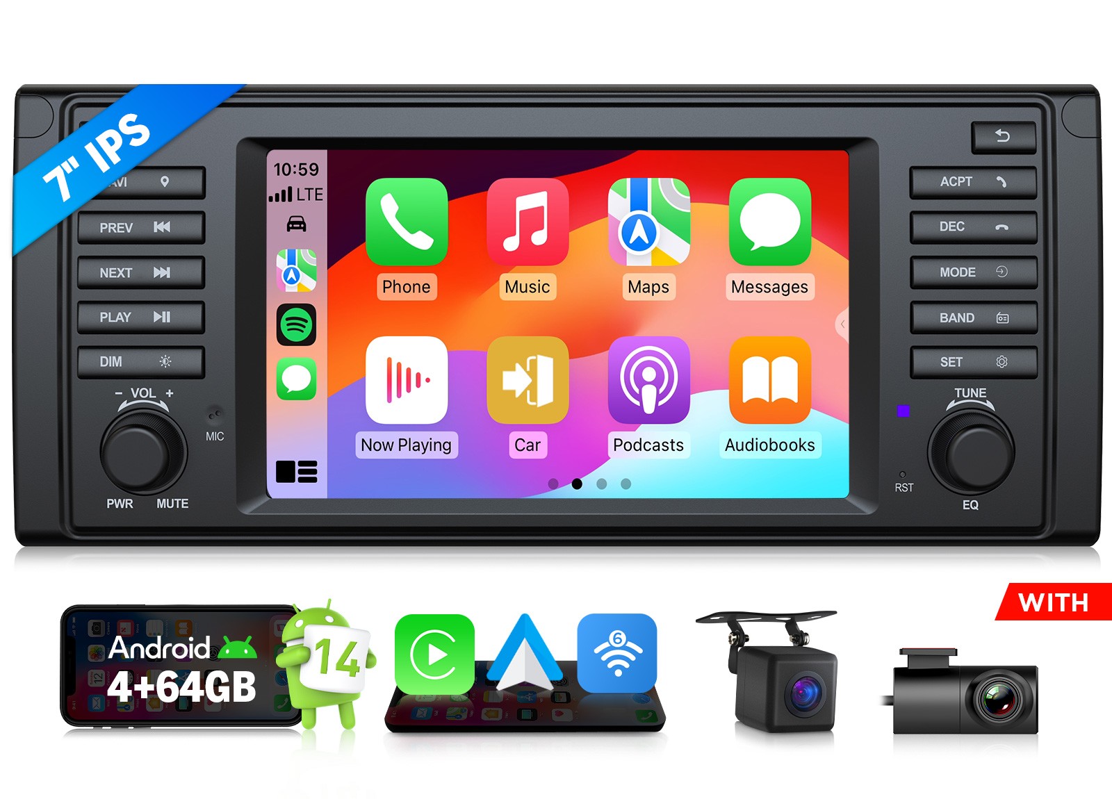 E39X7A 4+64 Android 7″ for BMW E39 528i 530i 1995-2003 Car Radio CarPlay+CAM+DVR