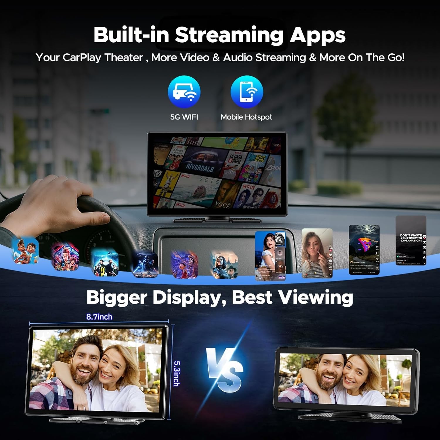 3 in1 9″ Car Wireless CarPlay&Android Auto w/Apps Youtube Net-Flix+Rear Camera