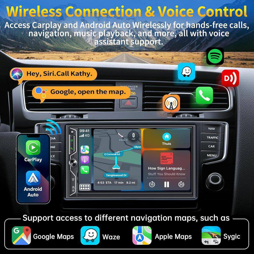 Double Din Car Stereo Wireless Carplay Android Auto Bluetooth 4.2-Channel Audio
