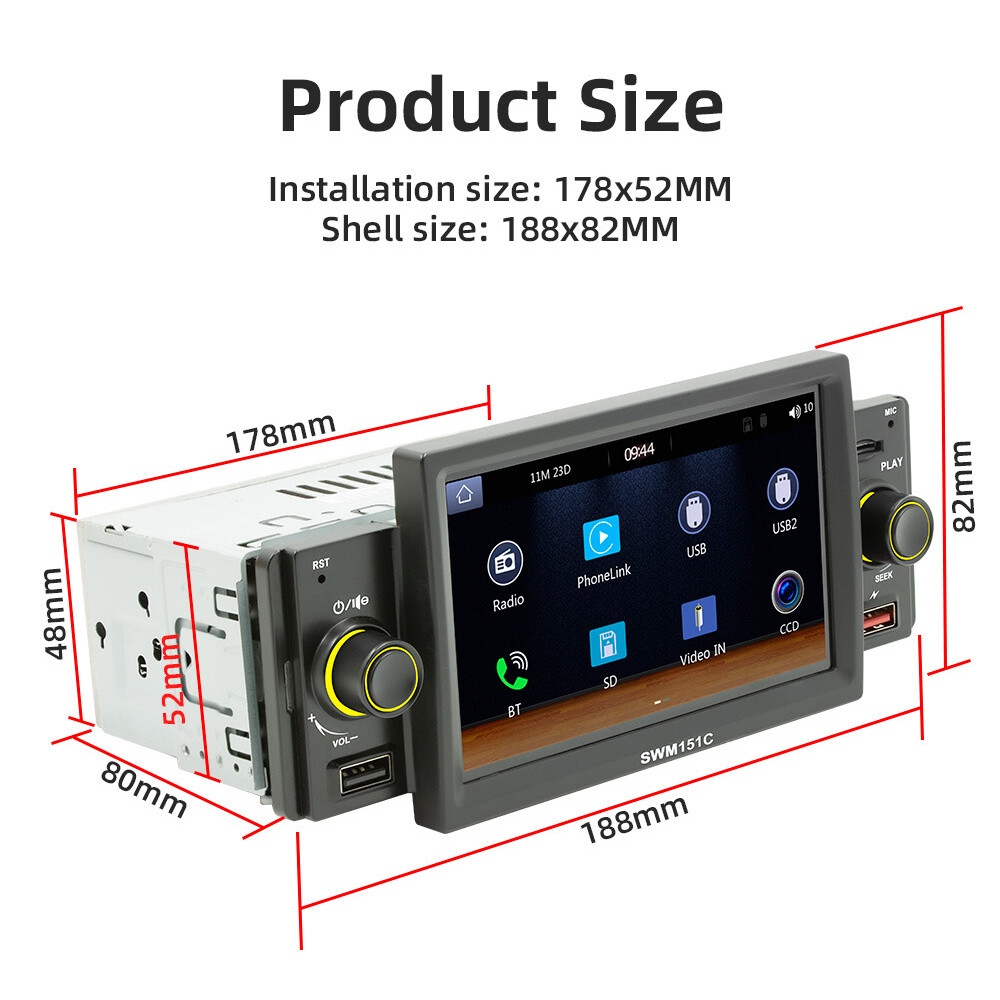 5”1Din Car Steroe Radio Touch Screen Apple Carplay Android Auto MP5 Player USB