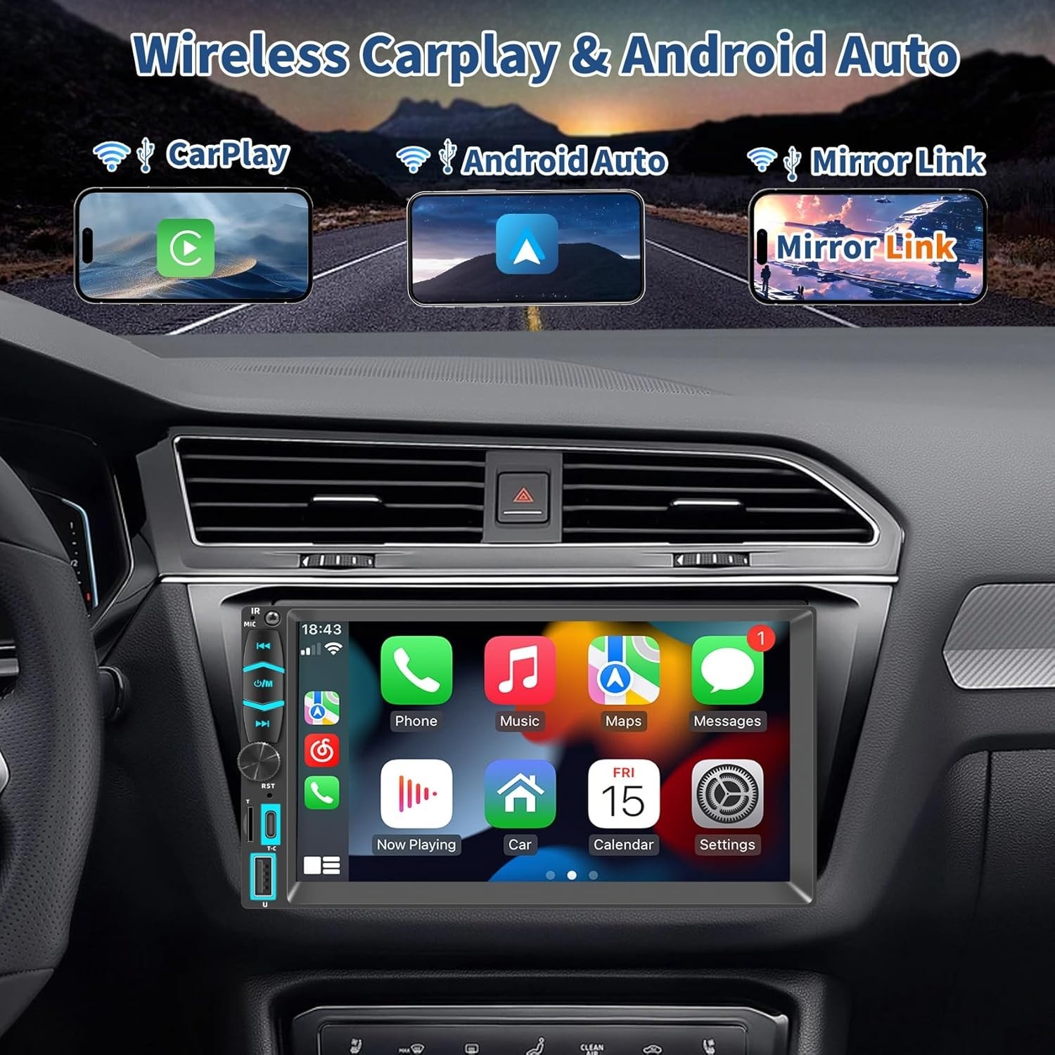 Upgraded Apple Carplay & Android Universal Radio, Mirror Link, Backup Camera,
