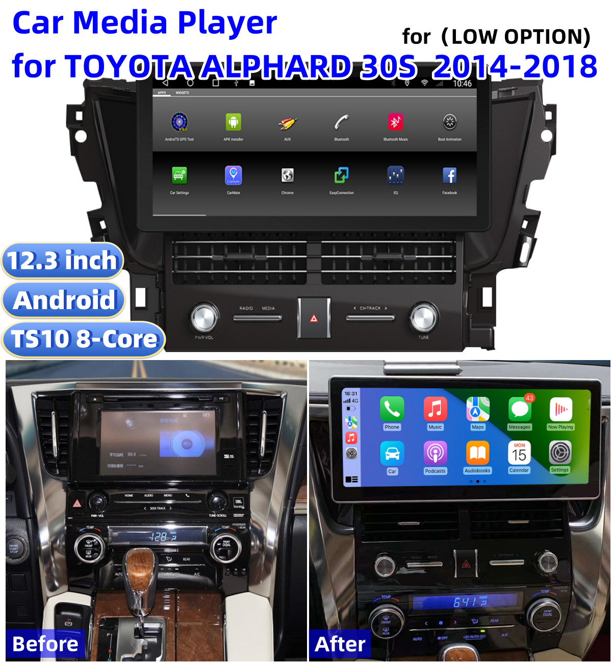 HD Car Stereo for TOYOTA ALPHARD 30S 2014-2018 Carplay BT WiFi FM Radio GPS Navi