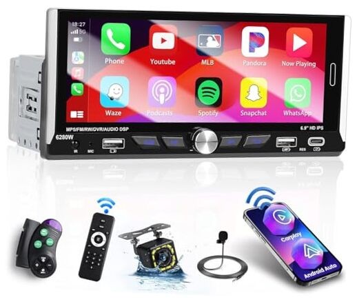 6.9 Inch Car Stereo Single Din Wireless Carplay Android Auto, Touch Screen