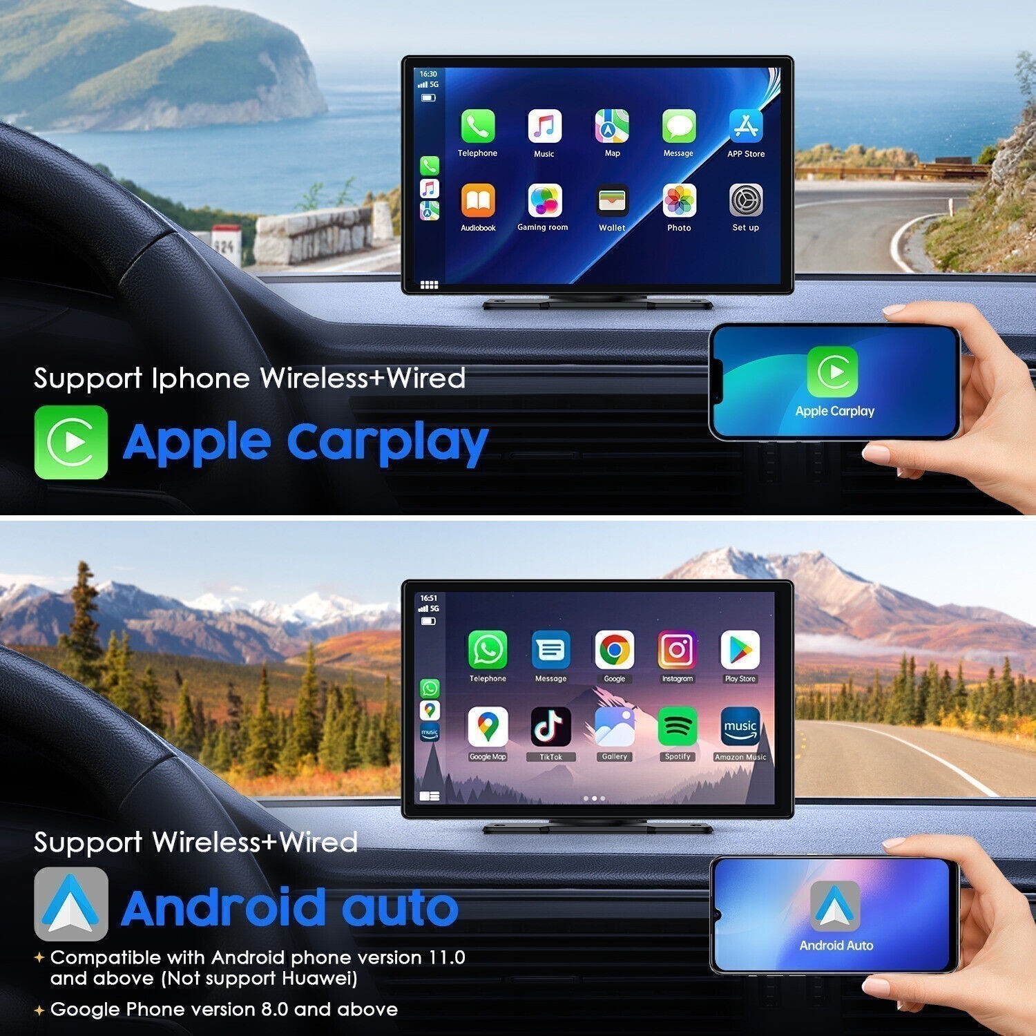 9″ HD Touch Screen Wireless Apple Carplay Android Auto Car Stereo w/1080P Camera