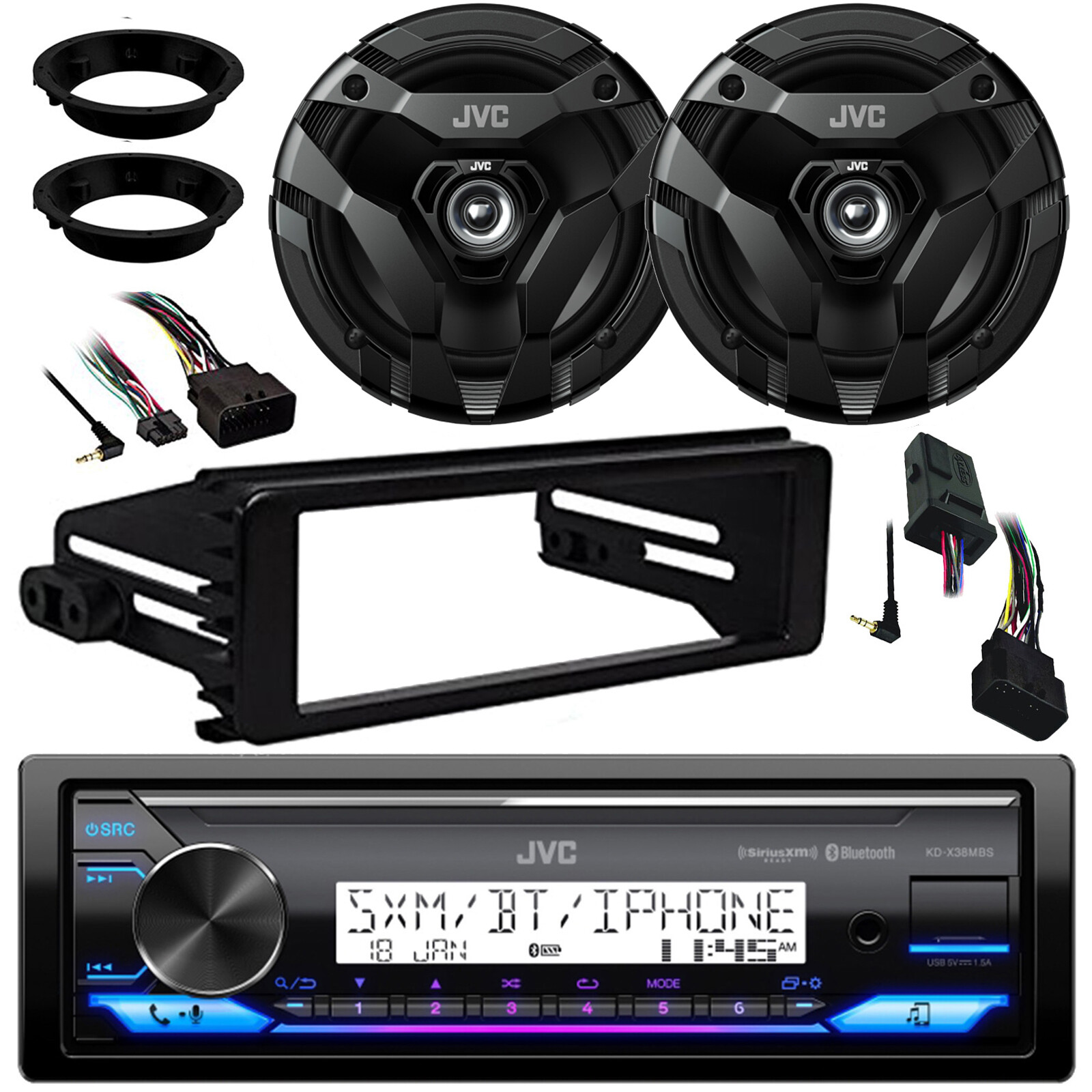 JVC Marine Receiver, 2x 6.5″ Speaker, Adapter, Handlebar Kit, Harley Install Kit