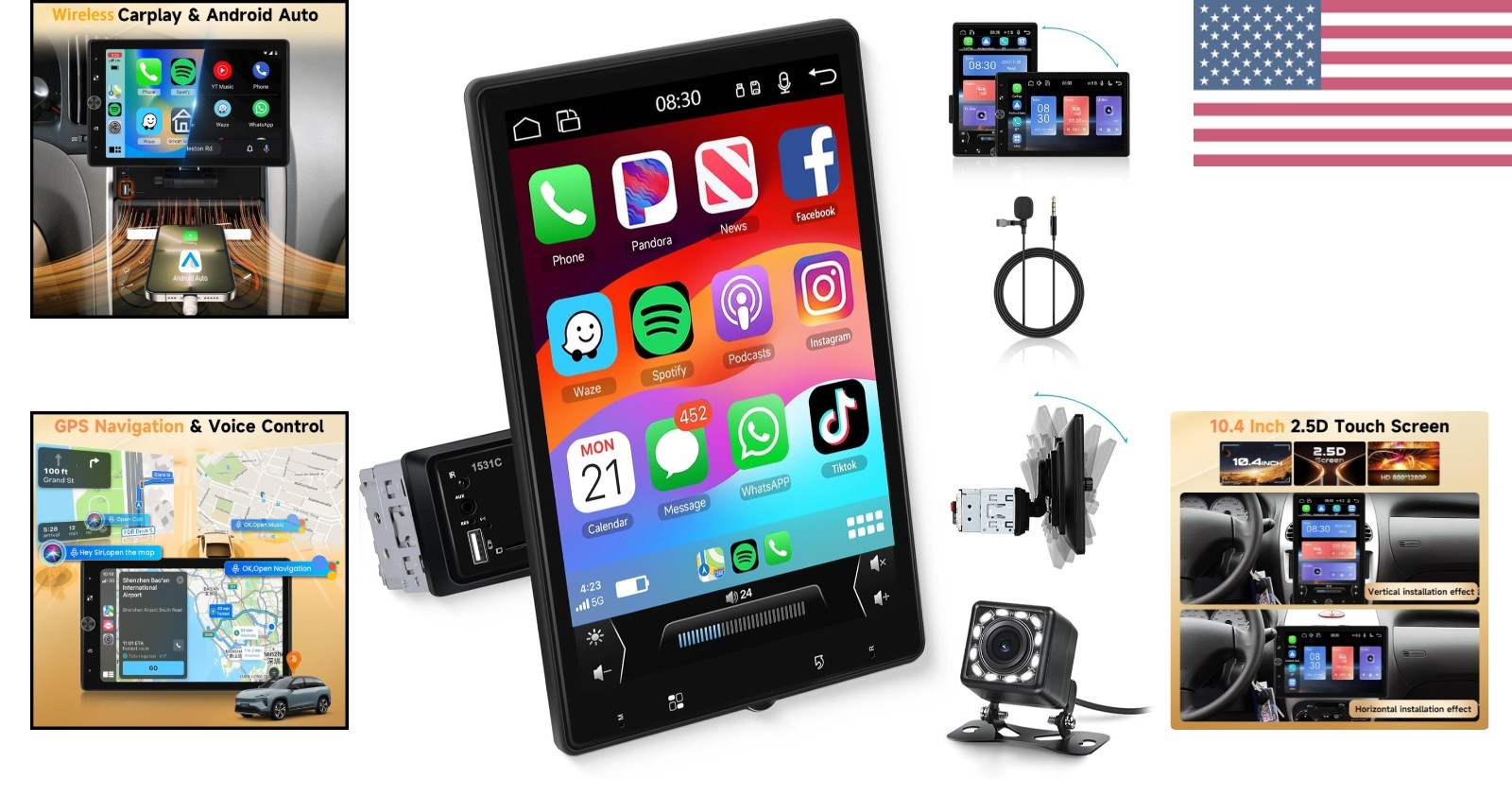 10.4″ Single Din Rotatable Touch Screen Car Stereo Wireless Carplay& Android …