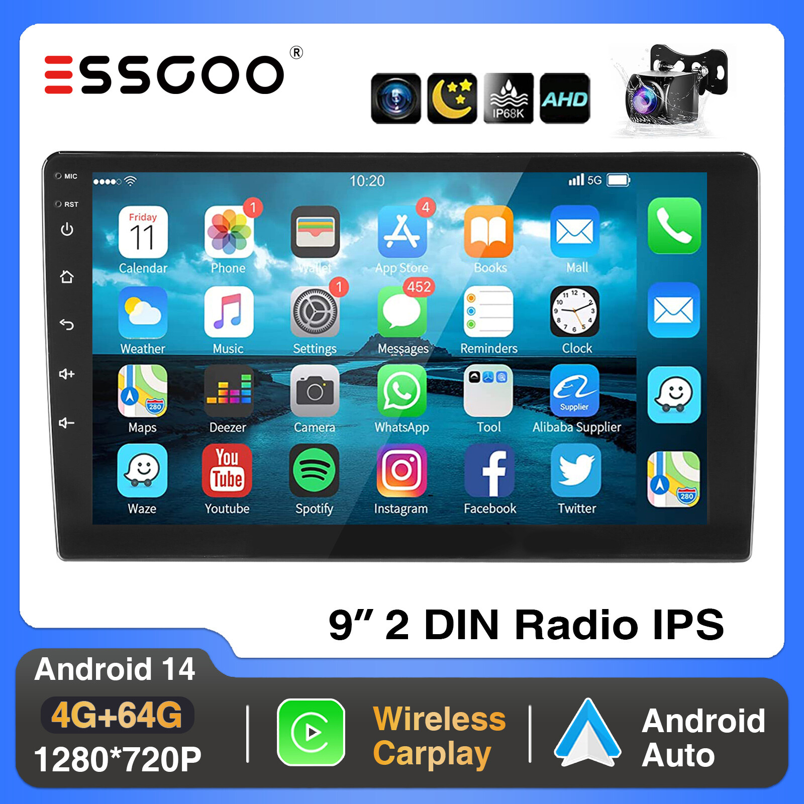 9″ Android 14 Carplay Stereo Head Unit 2 DIN GPS NAVI FM Radio 4+64G BT + Camera