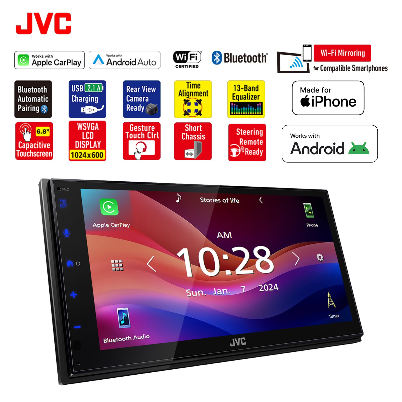 JVC KW-M690BW 6.8″ Touchscreen WiFi Radio, 2x 6.5″+ 2x 6×9″ Speakers w/Wire
