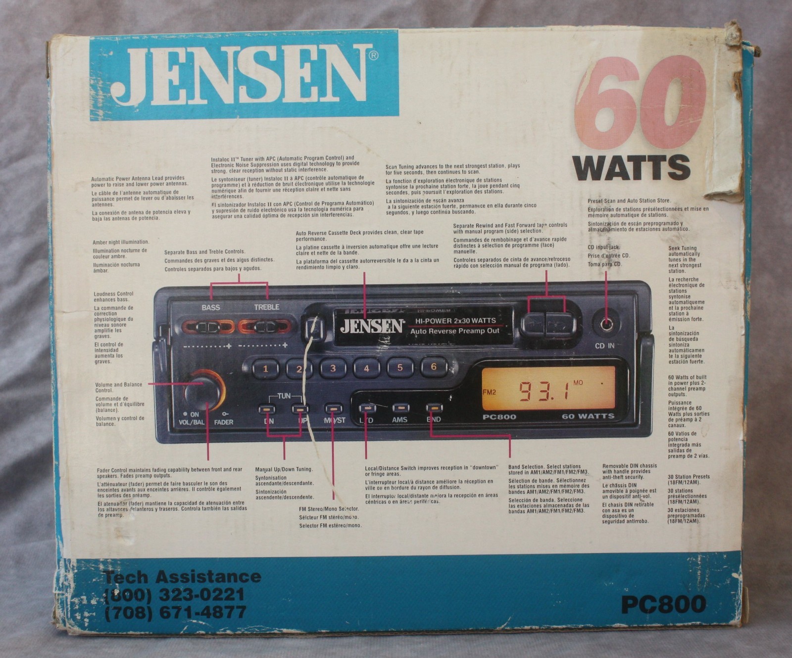Jensen PC800 Auto Reverse Removable Chassis AM/FM Stereo Cassette Player