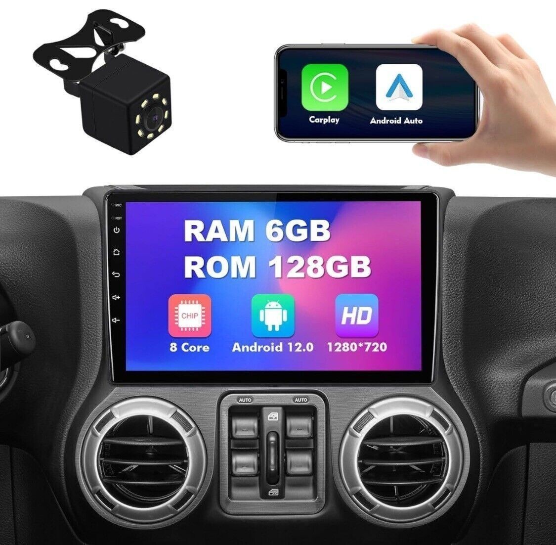 6+128G 10.1″ Android 12 QLED Double Din Stereo -Cherokee, Wrangler, Charger, Ram