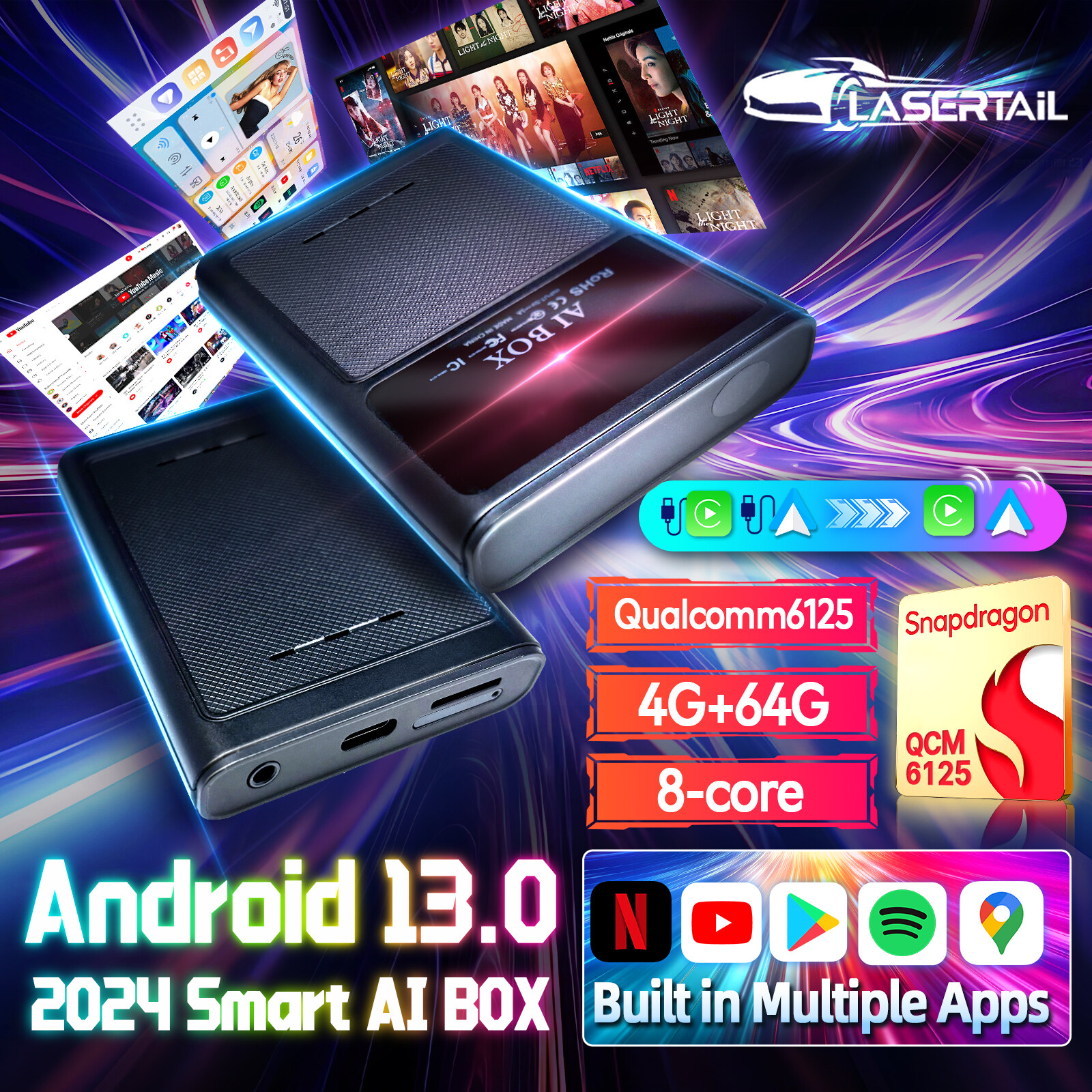 8 Core 4+64GB Wireless Carplay AI BOX Android Auto Adapter WiFi Youtube Netflix