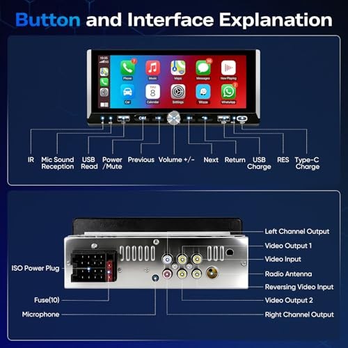 Single Din Car Stereo with Wireless Apple Carplay and Android Auto, 6.86″ IPS