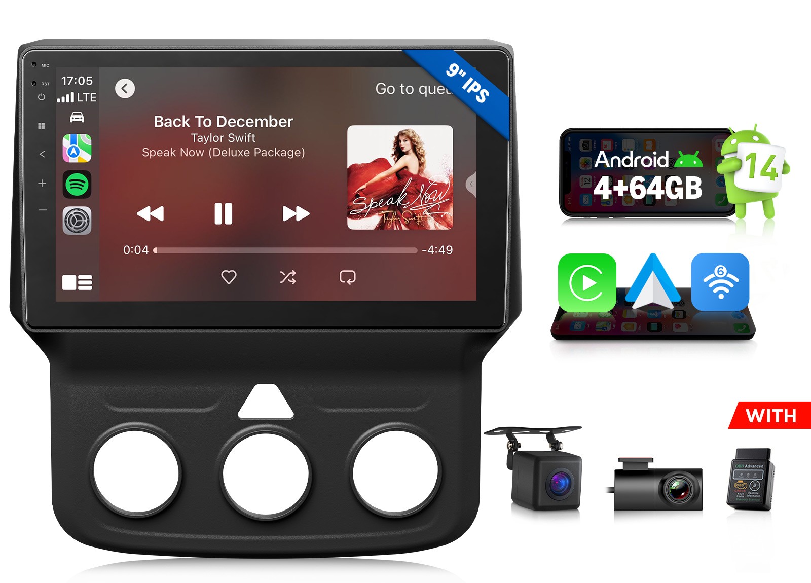 DGRMX7A 9″Android Auto 4+64GB Car Radio CarPlay for Ram 1500/2500/3500 2013-2018