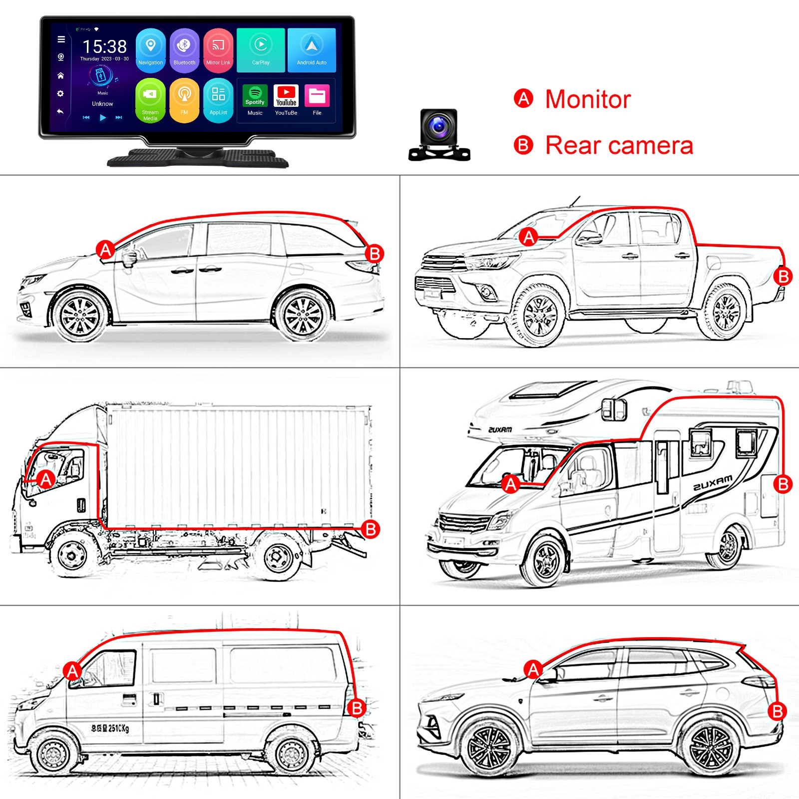10.26″ Portable Bluetooth Car Navigation Carplay Wireless Car Radio + AHD Camera