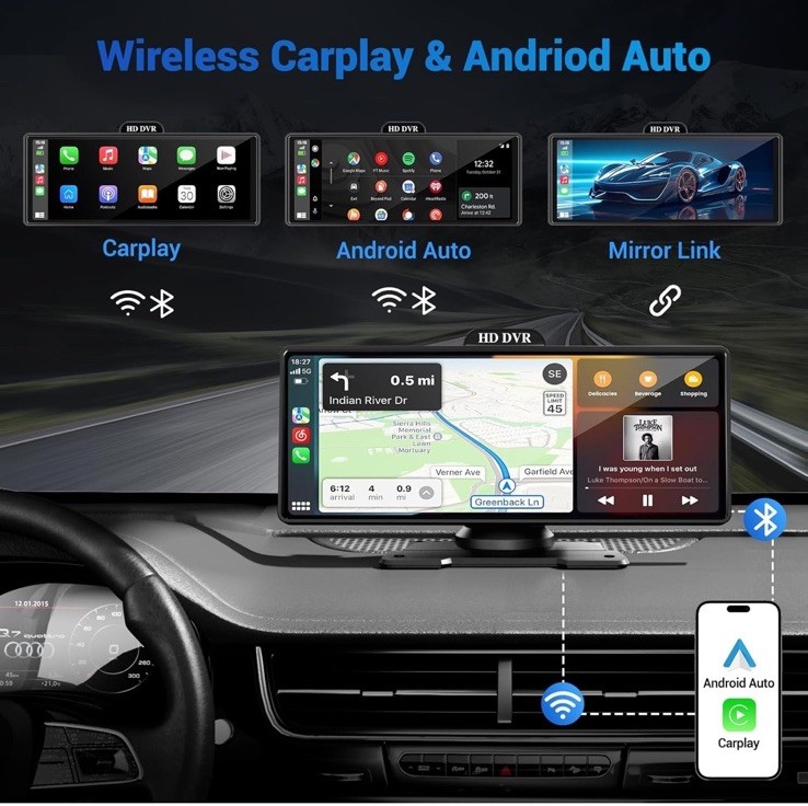 10.26″ Android Auto Screen Wireless CarPlay Car Stereo For Apple 4K Dash Cam BT