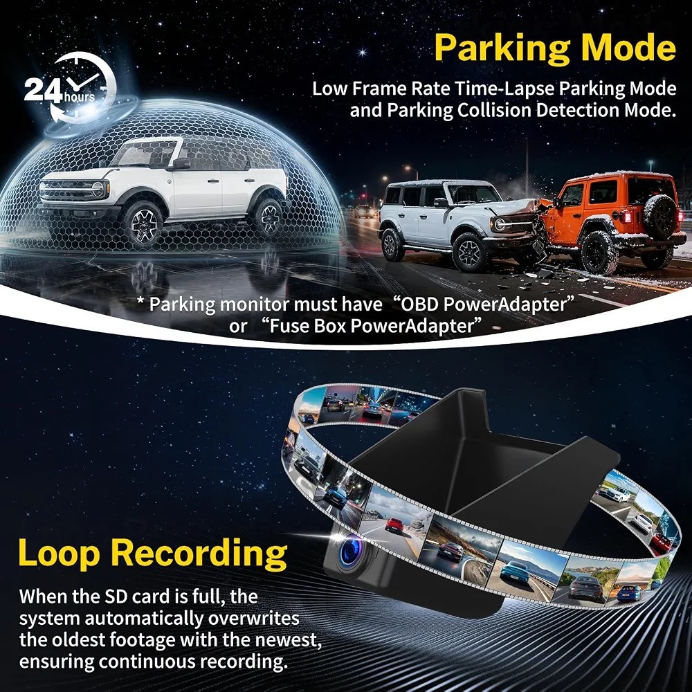 4K Dash Cam Front & Rear Ford Bronco 2021-2024 OEM Look WiFi GPS 128GB Model A