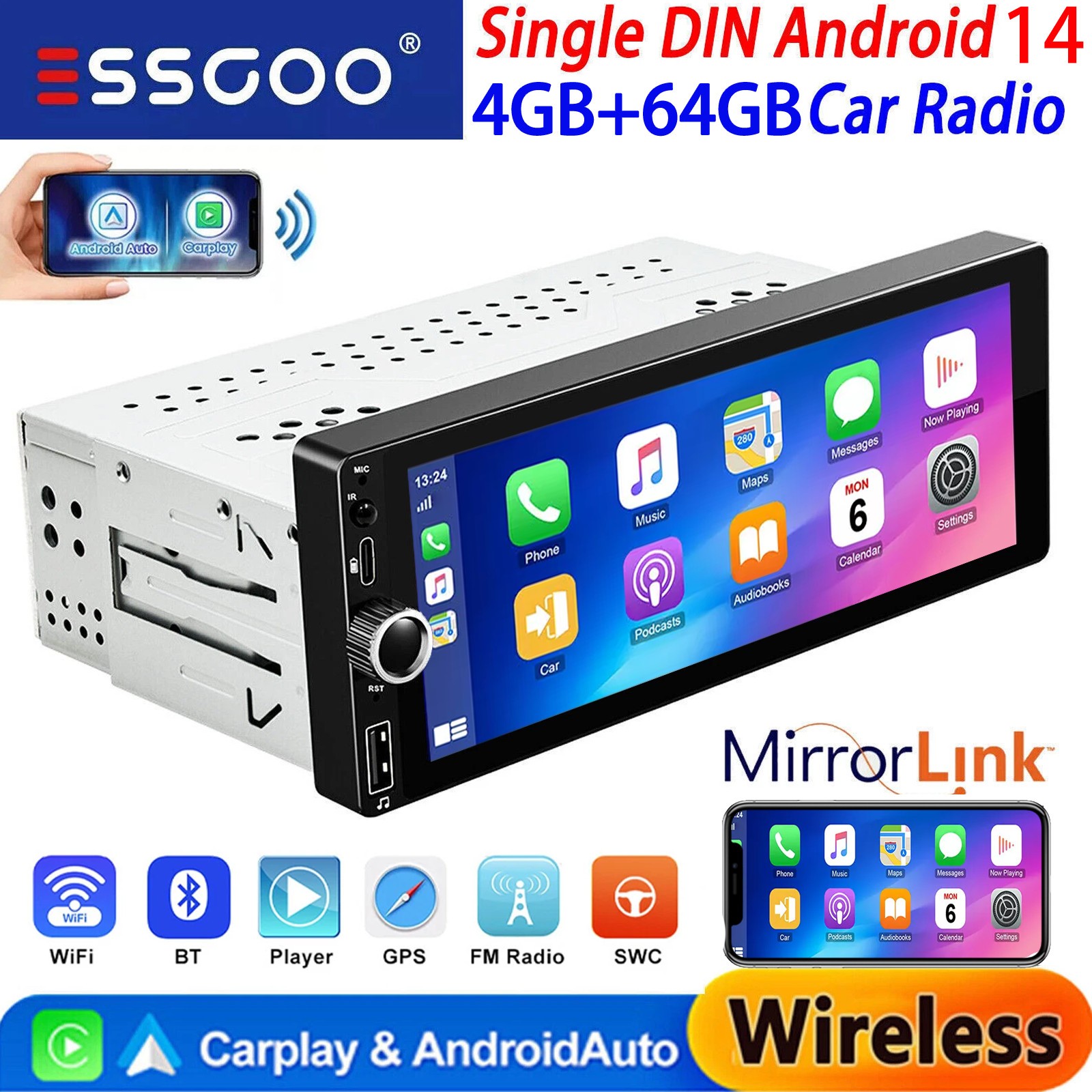 Single DIN Android 14 Car Stereo Radio GPS WIFI 4+64GB BT Head Unit CarPlay WIFI