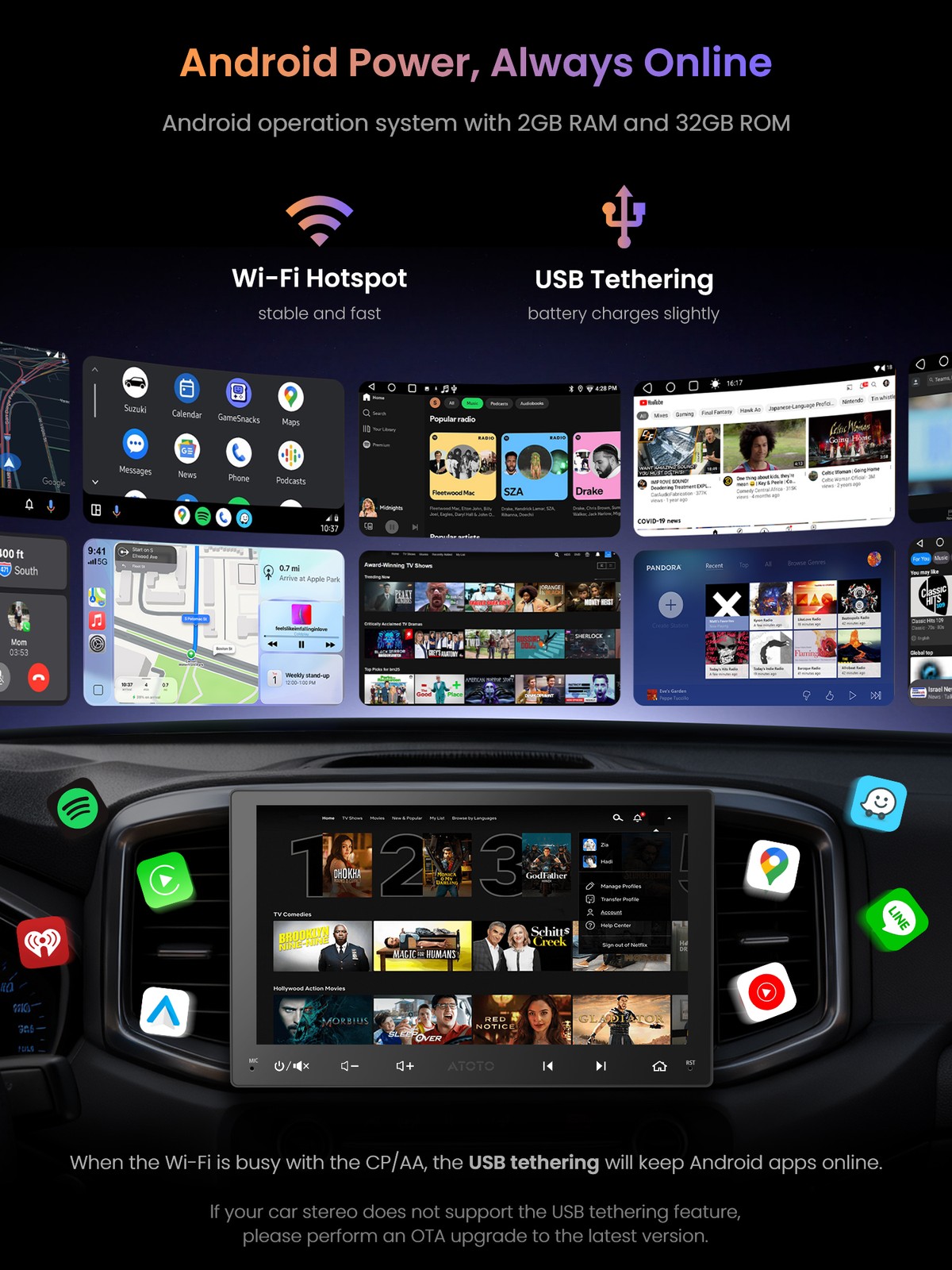 ATOTO A6PF 9IN 2DIN AI Car Stereo GPS Track Android Auto CarPlay +OBDII Scanner
