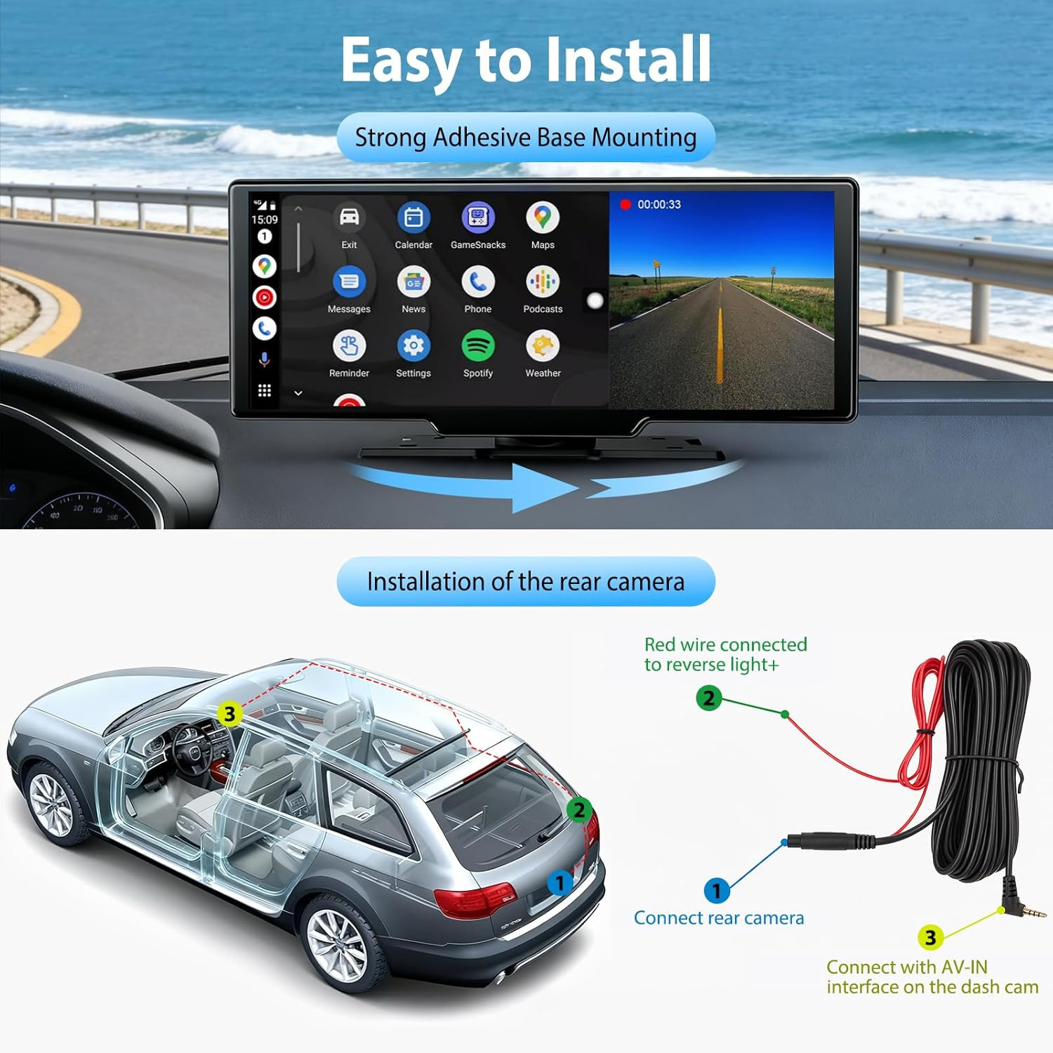 10.26″ Portable Wireless Carplay Screen for Car with 4K Dash Cam, 1080P Backup C