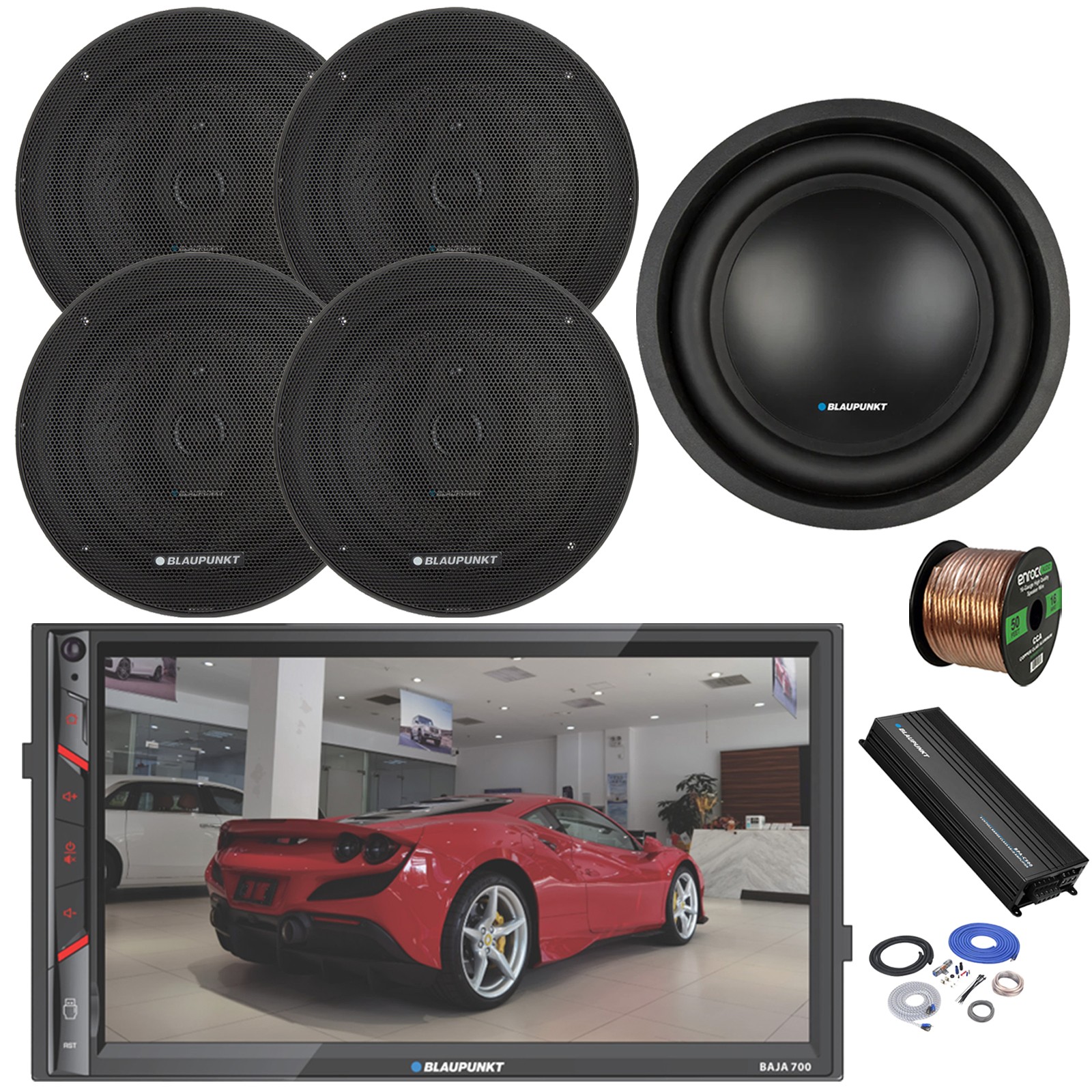 Blaupunkt 7″ Touchscreen BT AM/FM Radio, 4x 6.5″ Speakers, Amp w/Kit, Sub, Wire