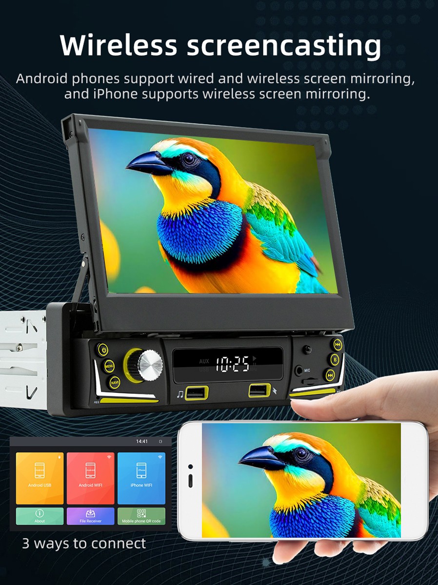 7” Single Din Android 15 Retractable Screen Car Radio GPS WIFI Carplay + Remote