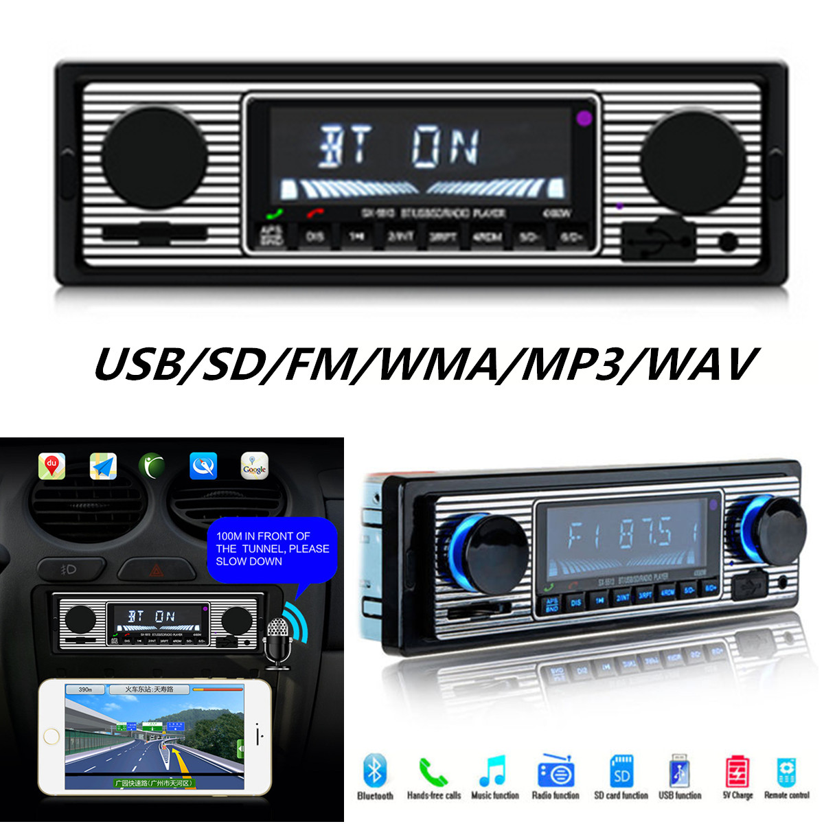 Dual Knob Car FM Radio In-dash MP3 Stereo Player BT USB AUX SD Card Hands-free