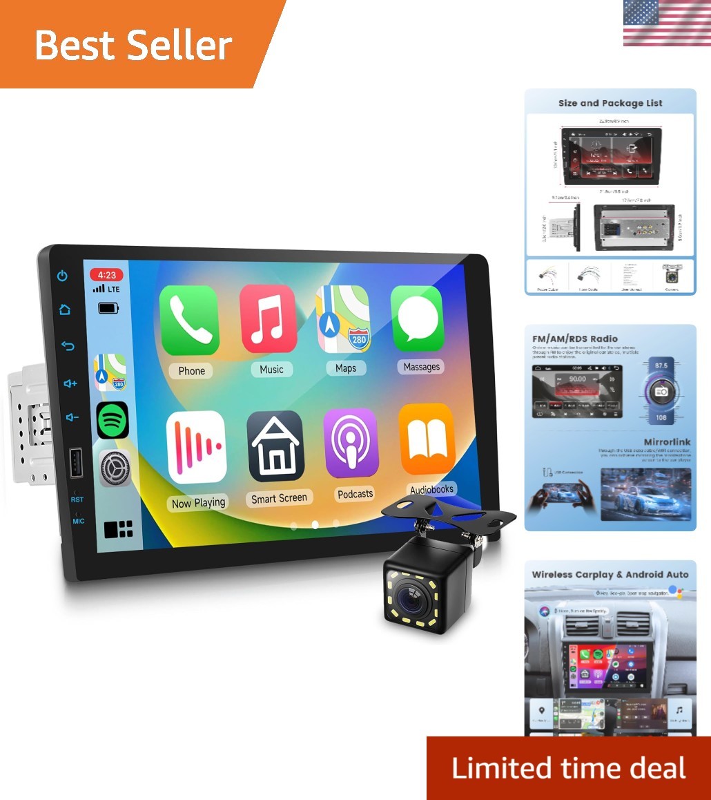 Single DIN Wireless CarPlay & Android Auto IPS Touchscreen Stereo, 9-Inch Blu…