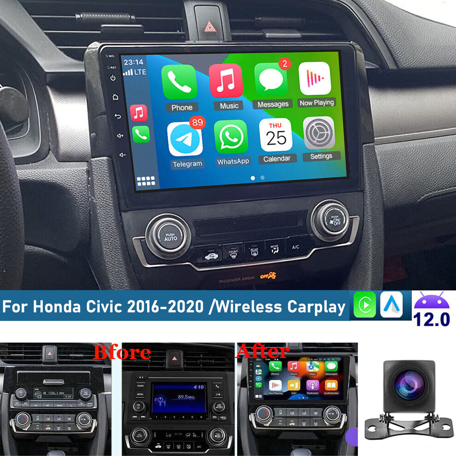 Wifi Hifi FM Android IPS Screen Carplay For 2016-20 Honda Civic Stereo Radio GPS