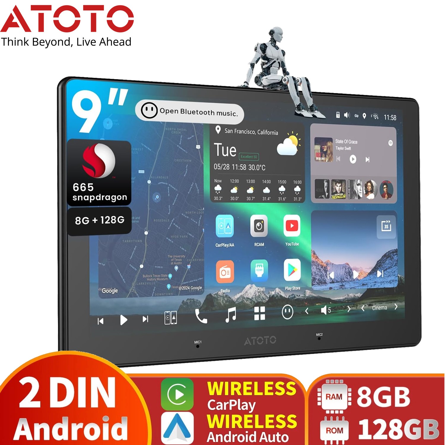 ATOTO 9″ X10 Double 2DIN AI Android Car Stereo GPS Radio Dual Band Wifi G-Sensor