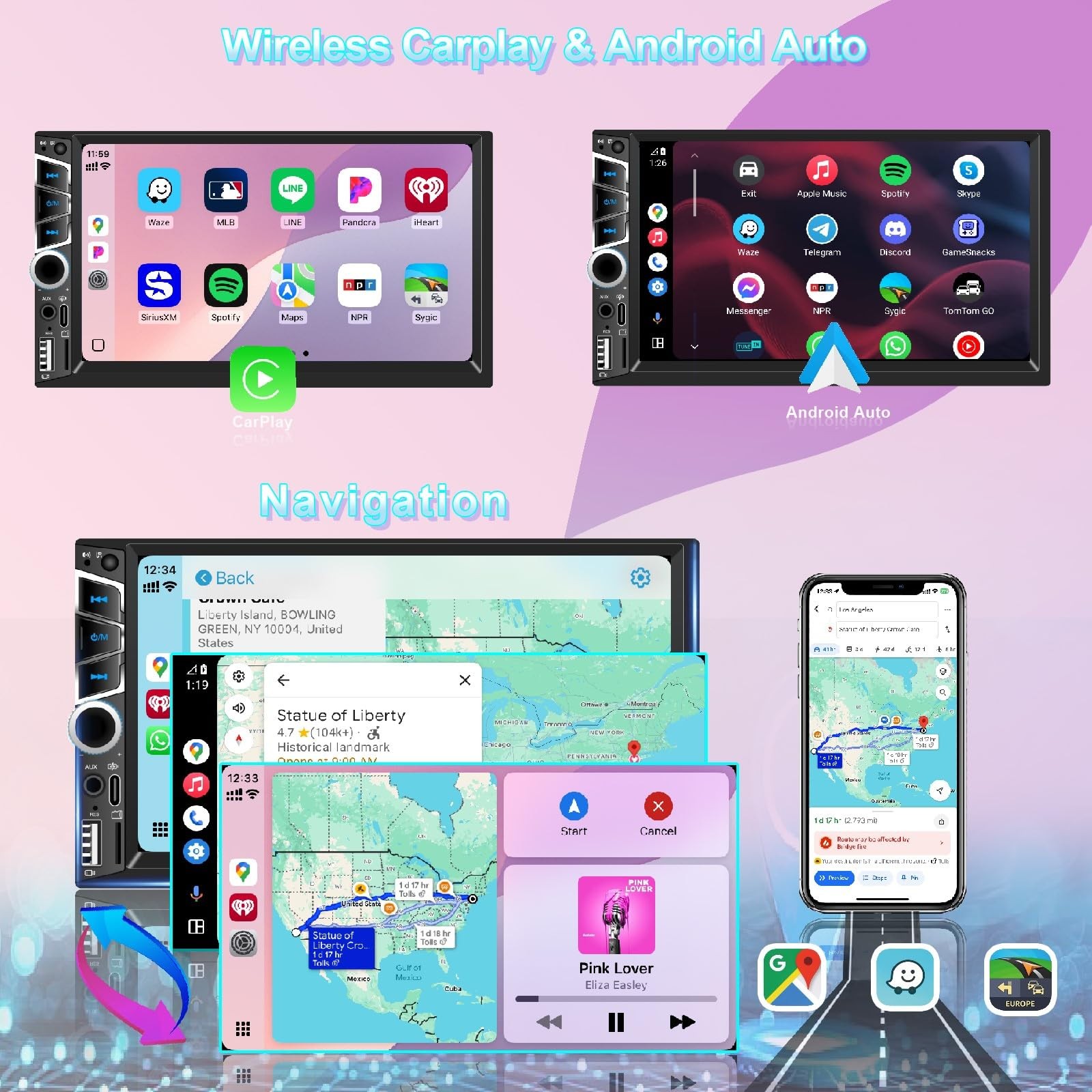 Wireless Apple Carplay 7 inch Double Din Car Stereo,IPS Touchscreen,Bluetooth…