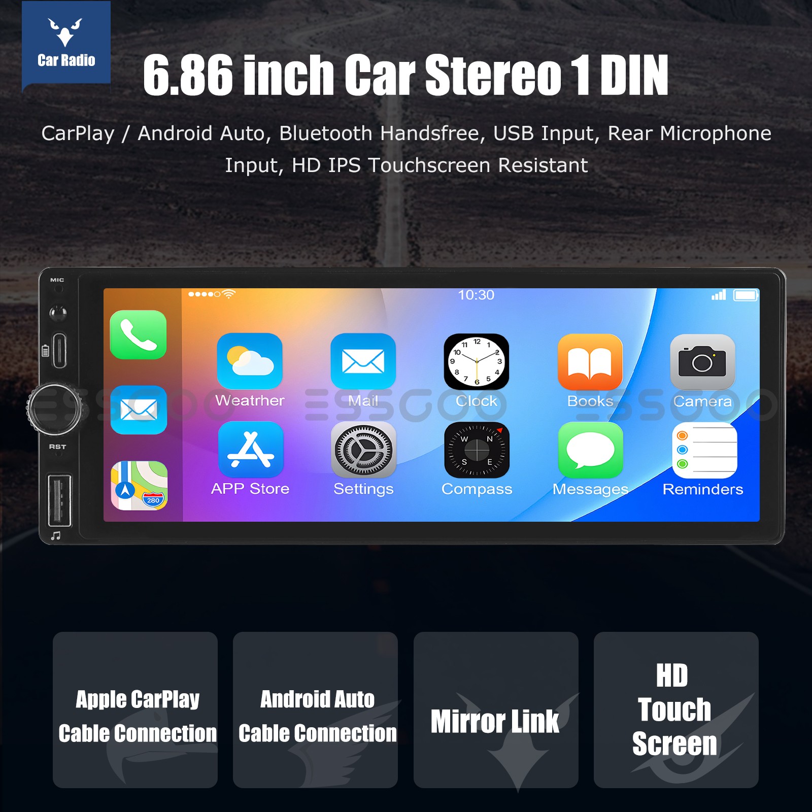 6.86″ Single Din Touchscreen Car Stereo with Wireless Apple Carplay Android Auto