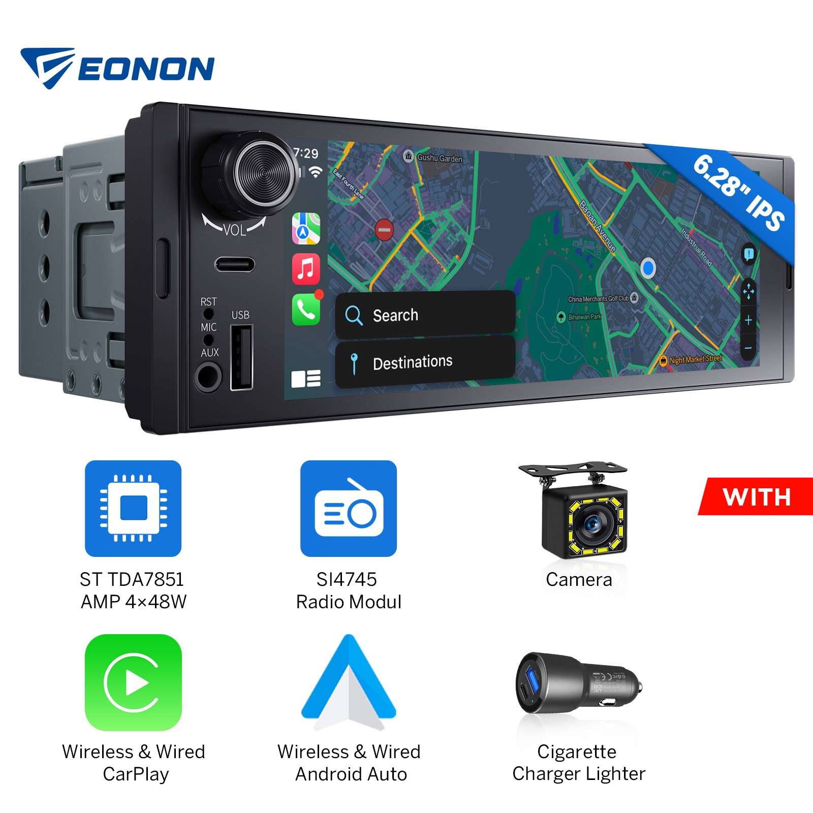 1 DIN 6.28″ IPS Android Auto Car Stereo Head Unit Apple CarPlay GPS Radio 4*48W