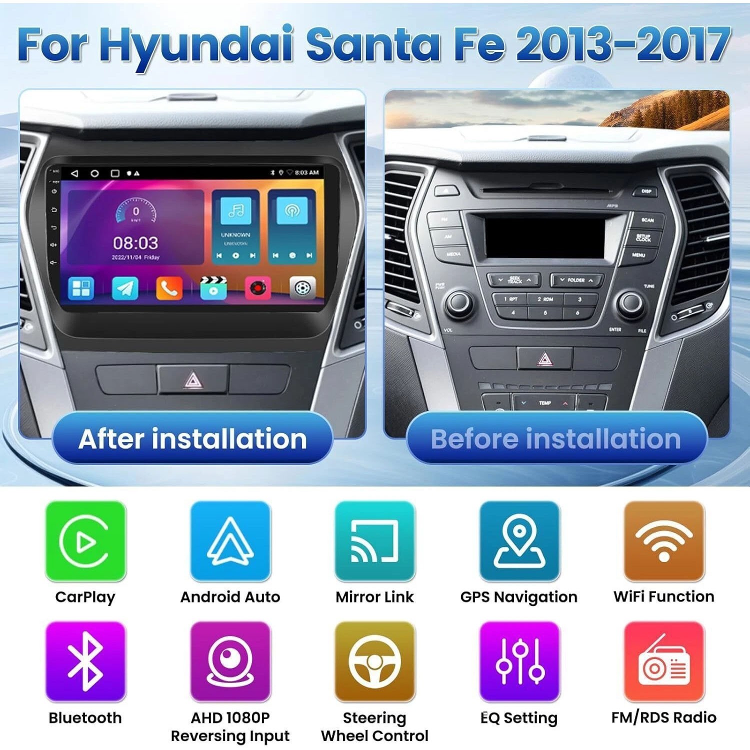 For 2013-2017 Hyundai Santa Fe Sport Apple Carplay Android Car Radio Stereo GPS