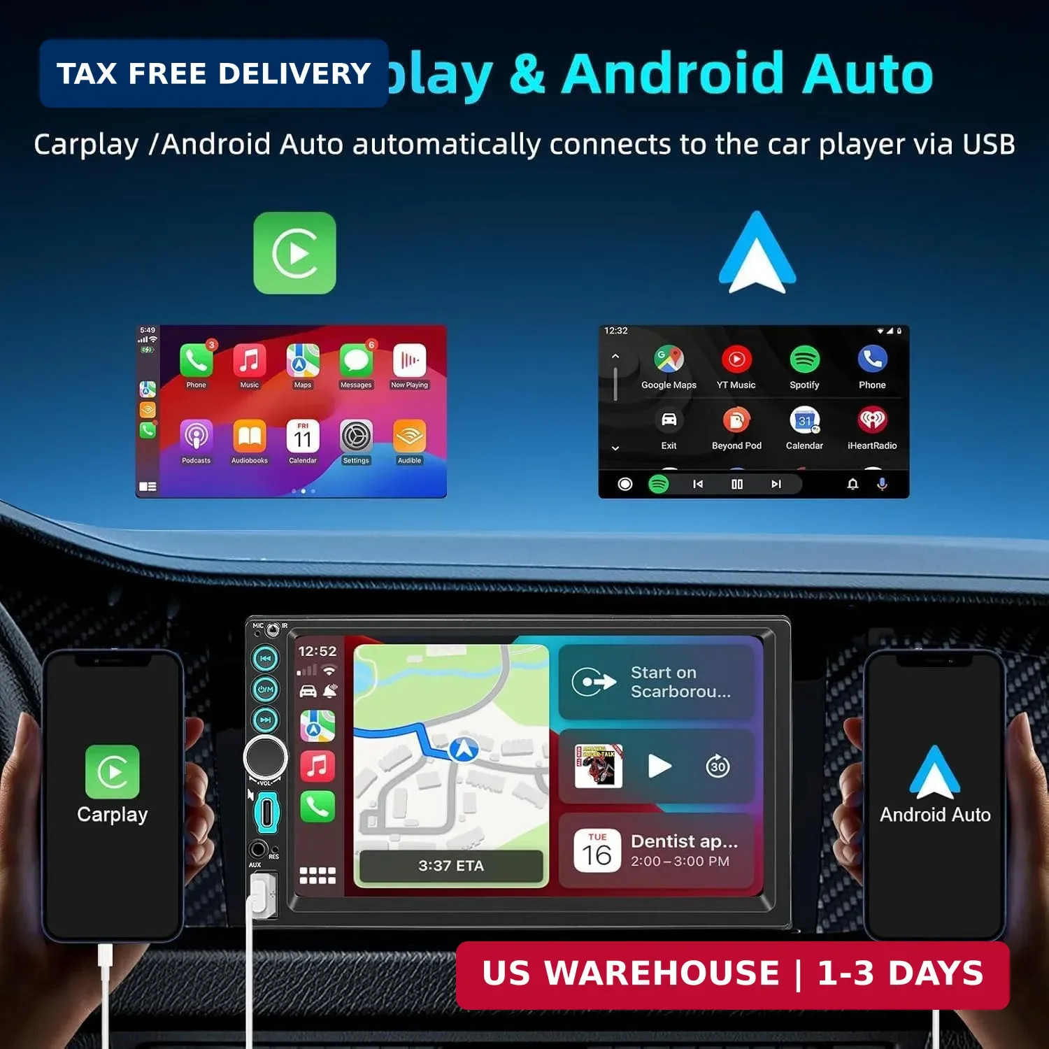 Double Din Car Stereo A-pple Carplay Radio Screen for Car Audio Receivers, Bluet