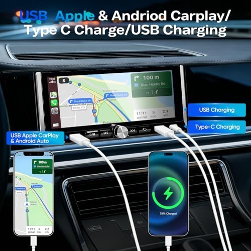 Single Din Car Stereo with Wireless Apple Carplay and Android Auto, 6.86″ IPS