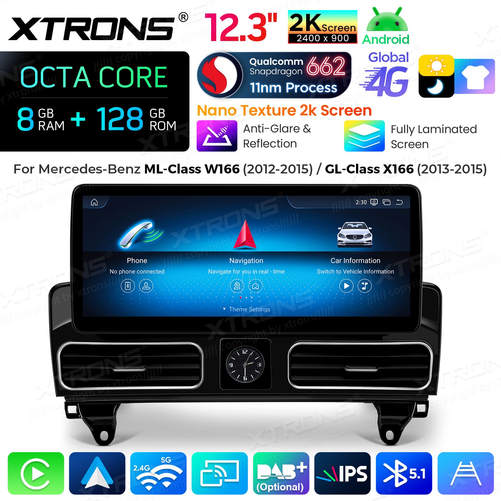 12.3″ Android 14 GPS Navigation for Mercedes ML W166 GL X166 8GB 128GB 2K Screen