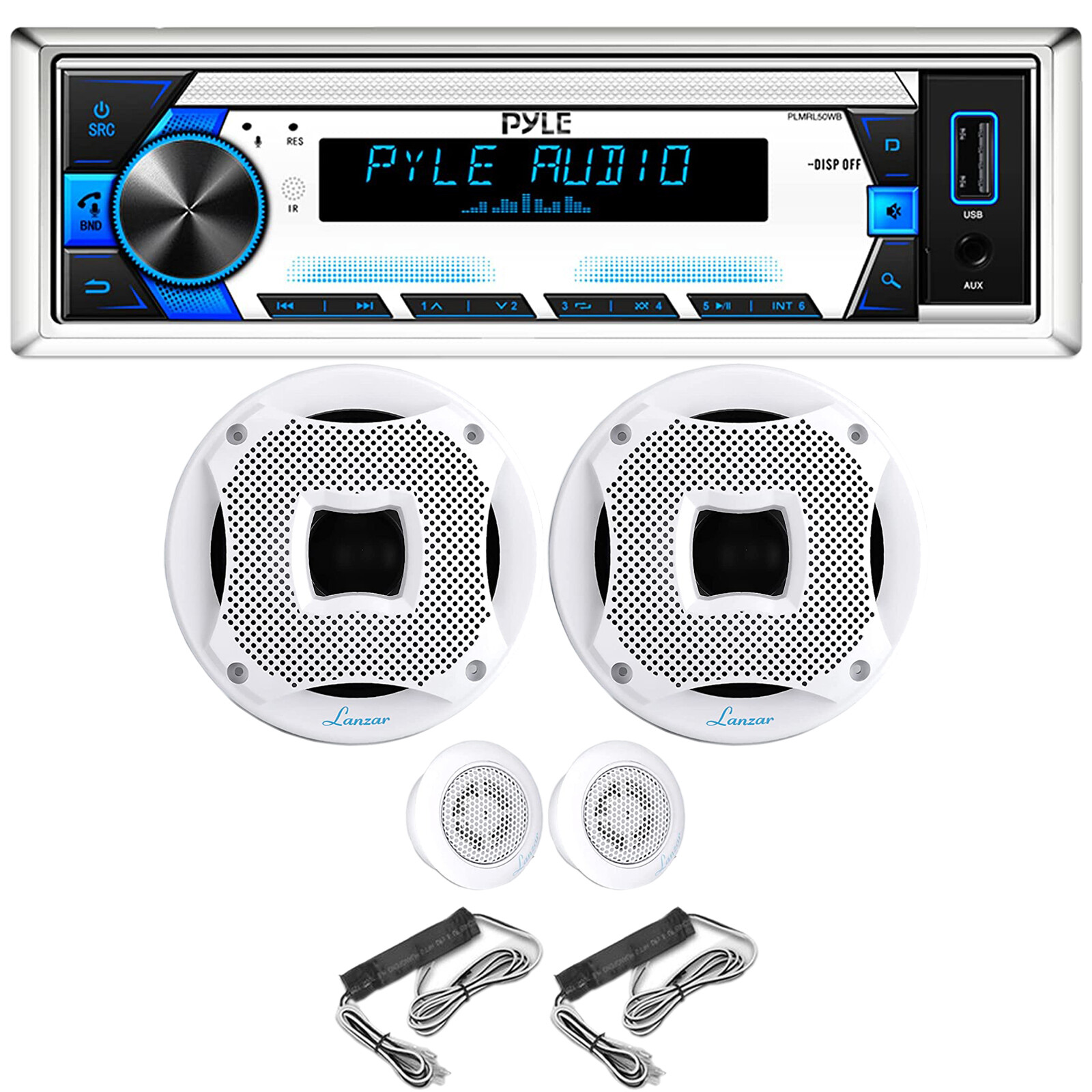 Pyle PLMRL50WB 1-DIN Receiver, 2x 6.5″ 450W 2Way White Marine Component Speakers