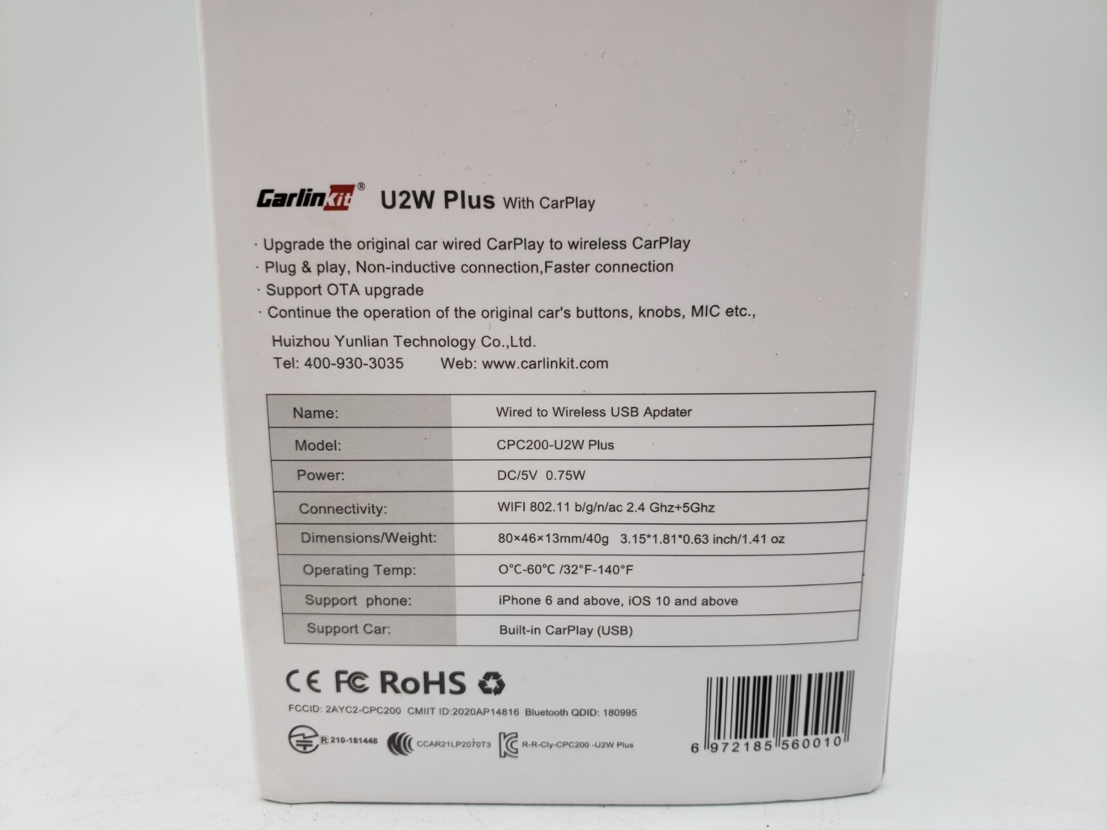 CarlinKit CPC200-U2W-Plus 3.0 Wireless CarPlay Adapter USB for Factory Wired. OB