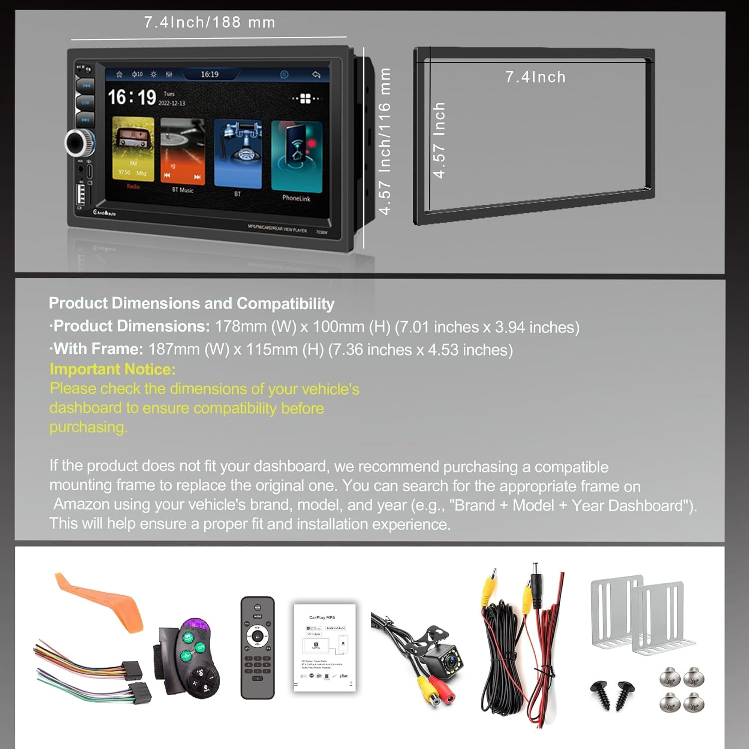 Wireless Apple Carplay Double Din,7″ Car Bluetooth 5.2,FM Car Radio,Ips 1024*600