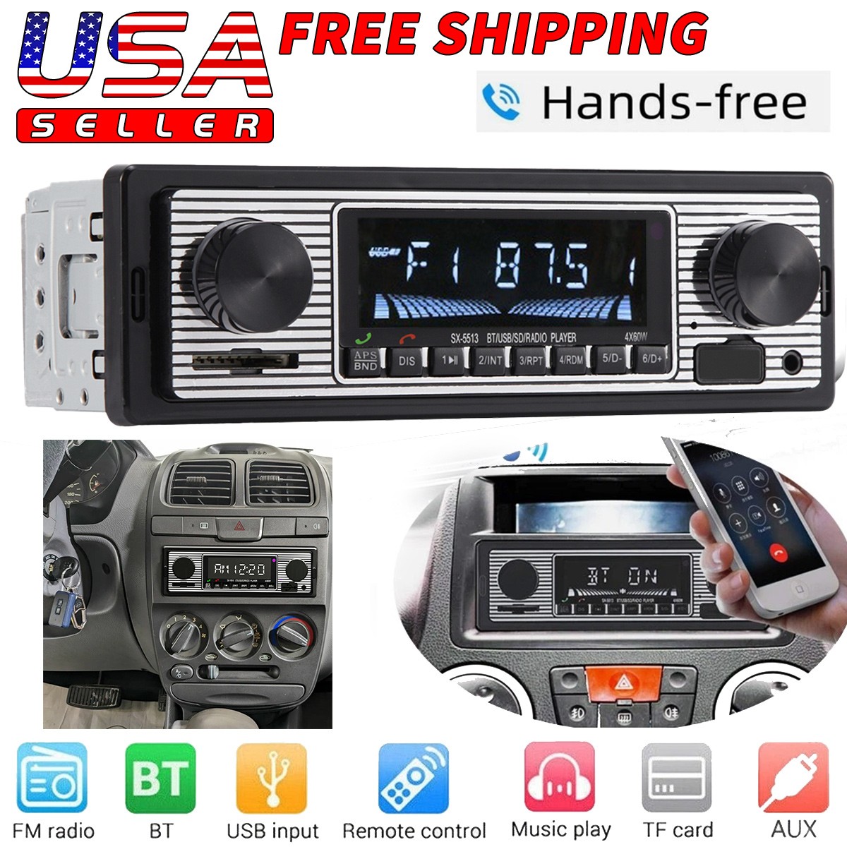 Bluetooth Vintage Car FM Radio MP3 Player USB Classic Stereo Audio Receiver AUX